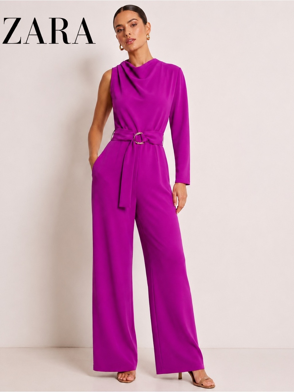 Zara Magenta One-Shoulder Wide-Leg Jumpsuit with Belt Size Large